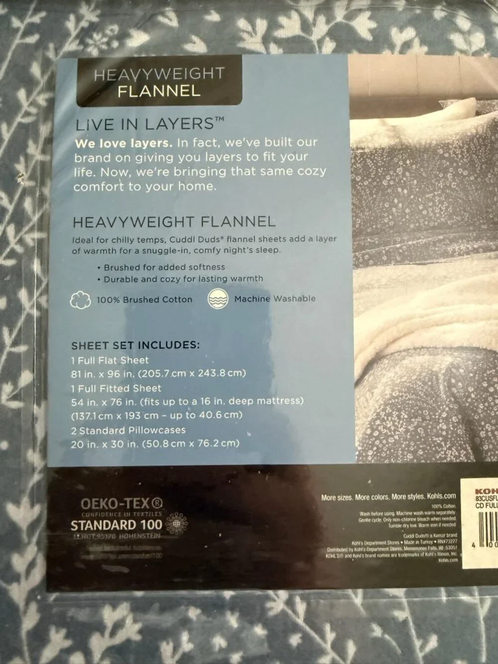 Cuddl Duds Heavyweight Flannel Blue Floral Full Size Sheet Set - NIP